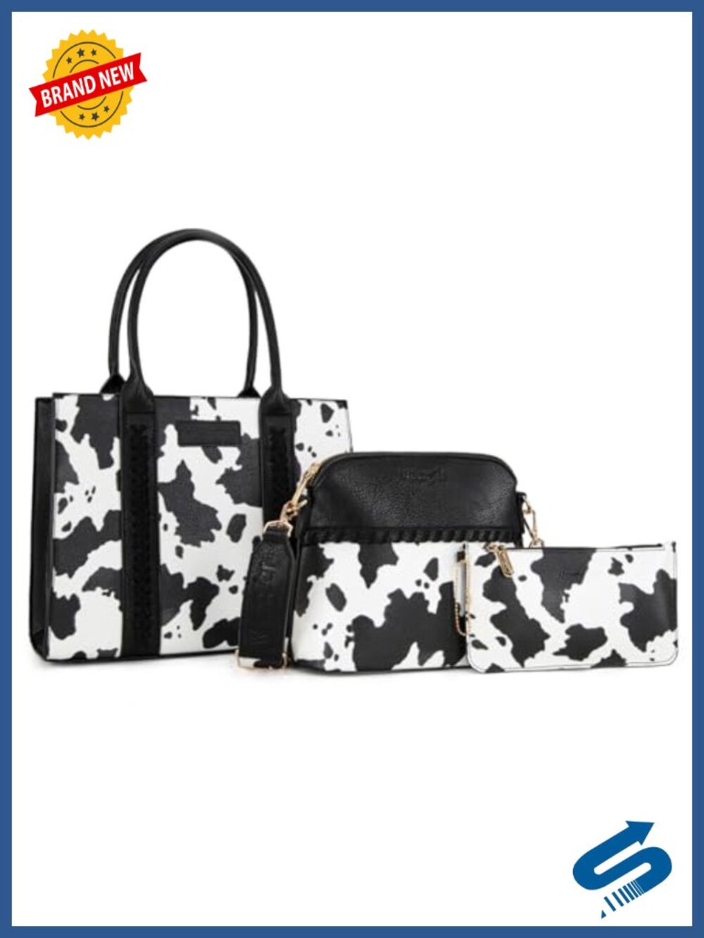 3 Piece Faux Leather Tote Crossbody Wallet Set with Whipstitch Cow Print